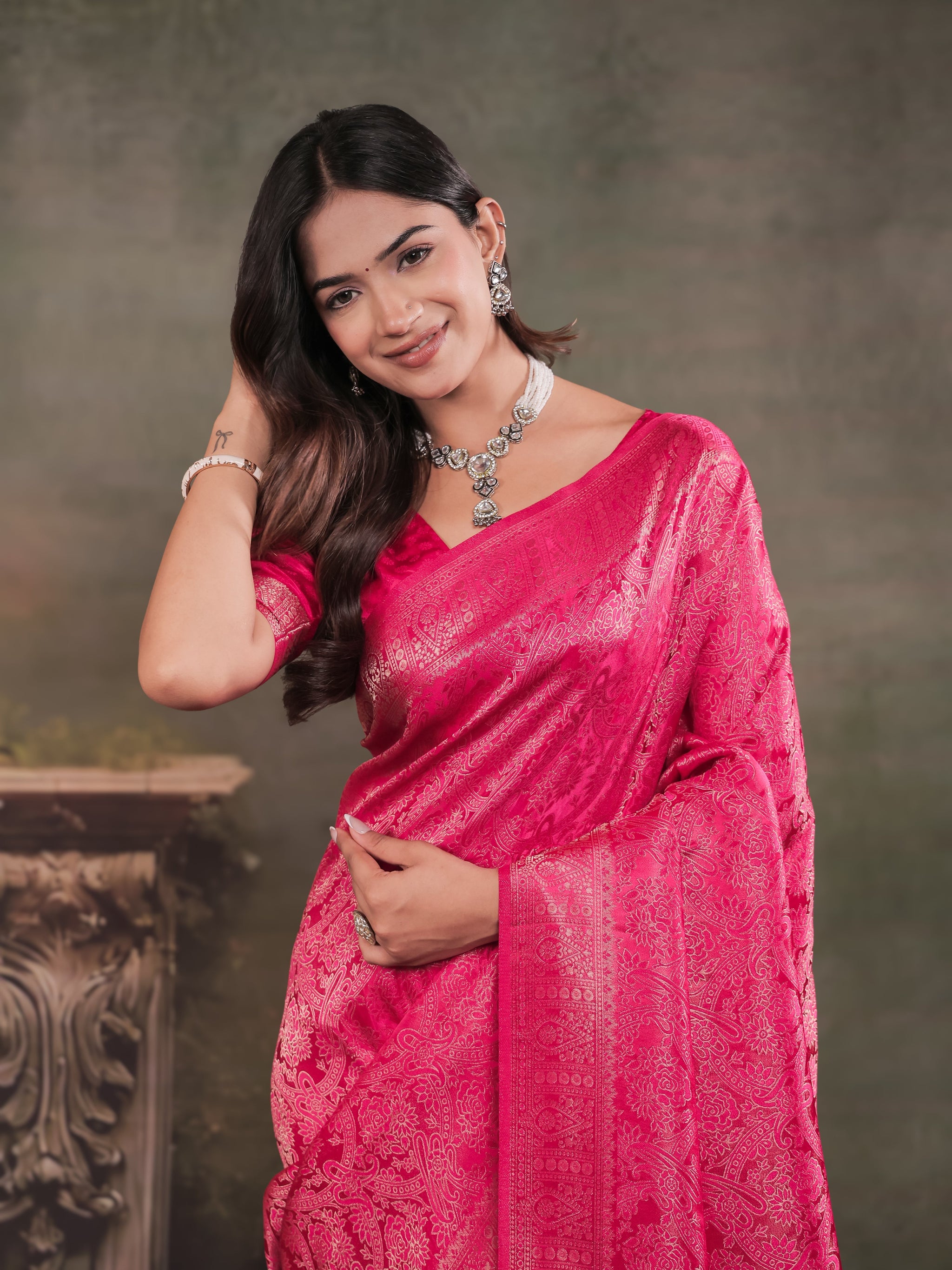 Rani Pink Satin Silk Saree with All-Over Floral Jacquard Weaving, Rich Zari Border, Grand Designer Pallu & Tassel Edges