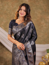 Dark Navy Blue Kanjivaram Banarasi Satin Silk Saree with Rich Zari Weaving, Designer Border & Tassel Pallu