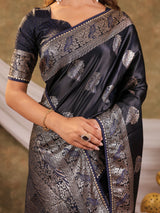 Dark Navy Blue Kanjivaram Banarasi Satin Silk Saree with Rich Zari Weaving, Designer Border & Tassel Pallu