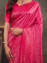 Rani Pink Satin Silk Saree with All-Over Floral Jacquard Weaving, Rich Zari Border, Grand Designer Pallu & Tassel Edges