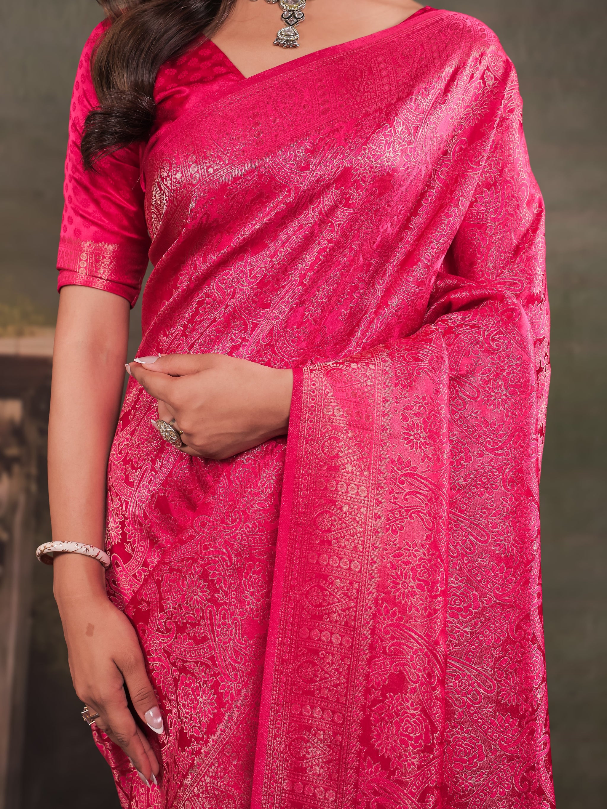 Rani Pink Satin Silk Saree with All-Over Floral Jacquard Weaving, Rich Zari Border, Grand Designer Pallu & Tassel Edges