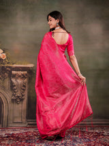 Rani Pink Satin Silk Saree with All-Over Floral Jacquard Weaving, Rich Zari Border, Grand Designer Pallu & Tassel Edges