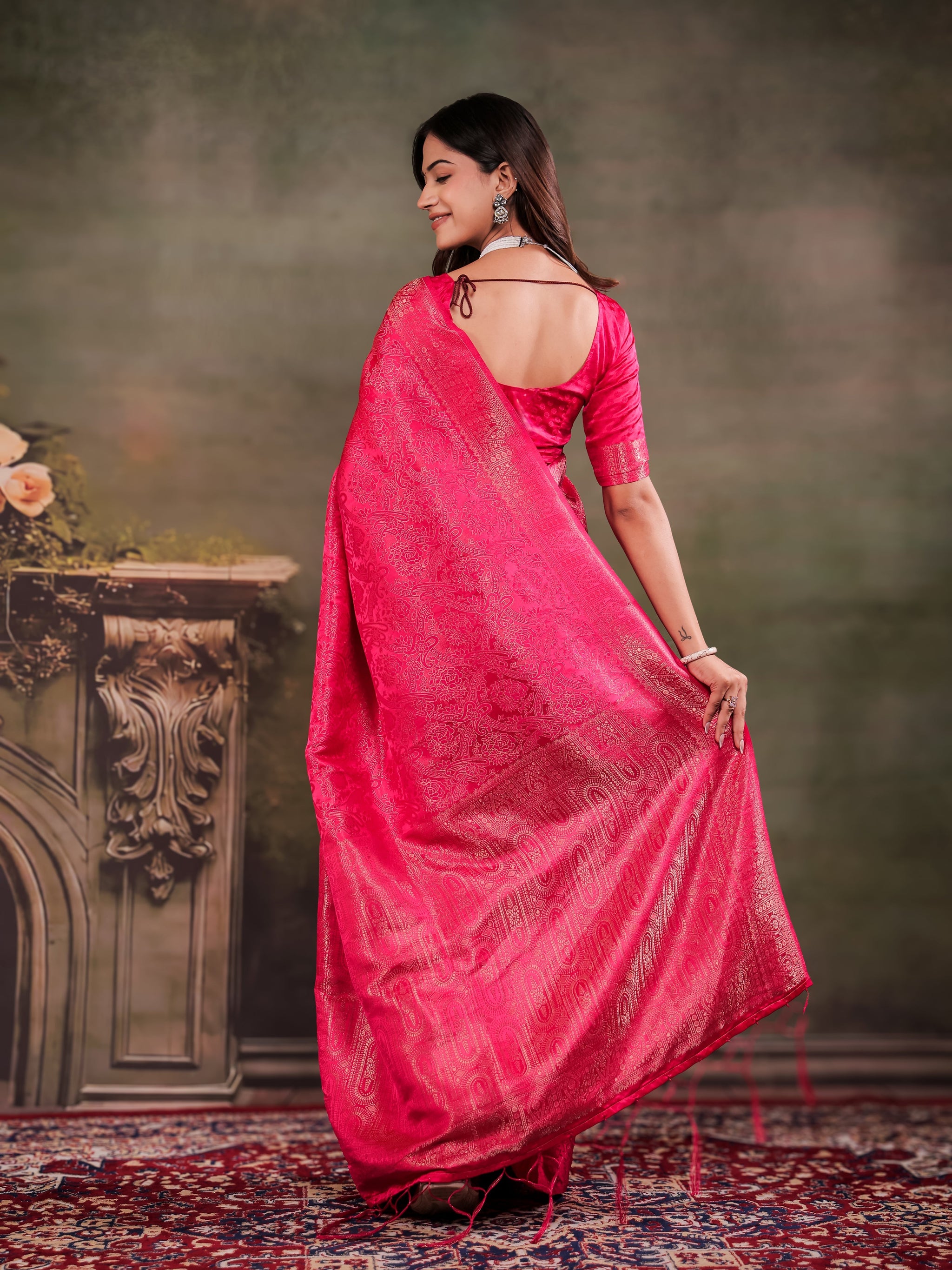 Rani Pink Satin Silk Saree with All-Over Floral Jacquard Weaving, Rich Zari Border, Grand Designer Pallu & Tassel Edges