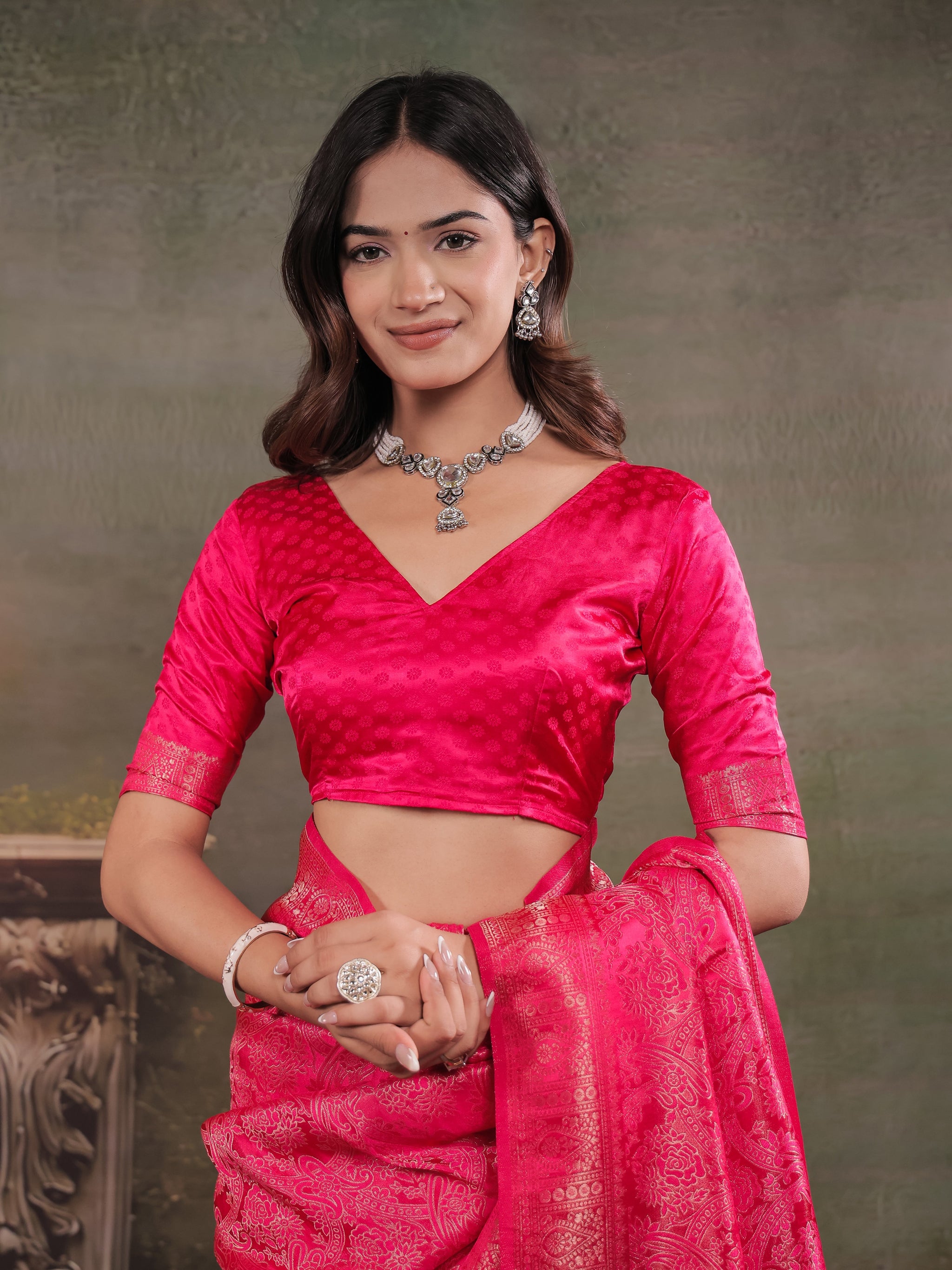 Rani Pink Satin Silk Saree with All-Over Floral Jacquard Weaving, Rich Zari Border, Grand Designer Pallu & Tassel Edges