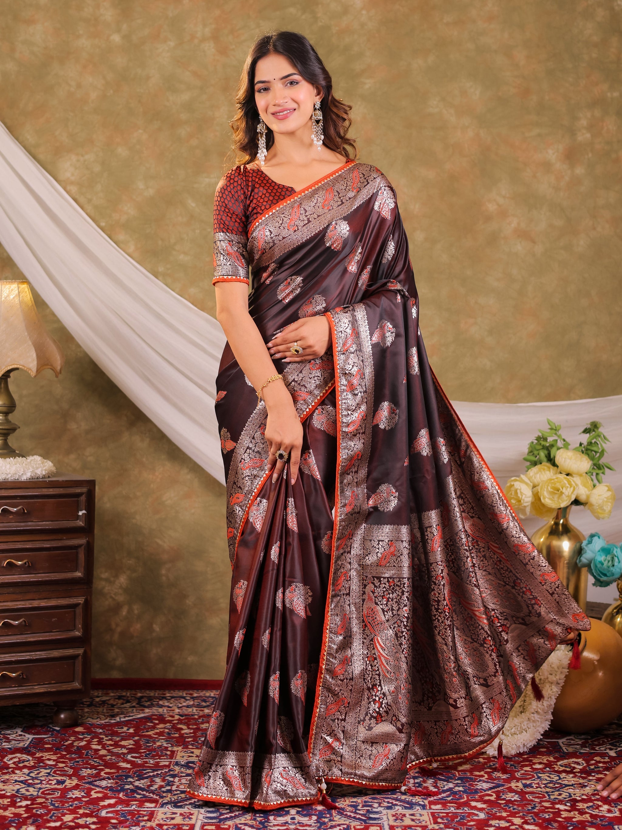 Chocolate Brown Kanjivaram Banarasi Satin Silk Saree with Rich Silver Zari Weaving, Peacock Pallu & Tassel Detailing
