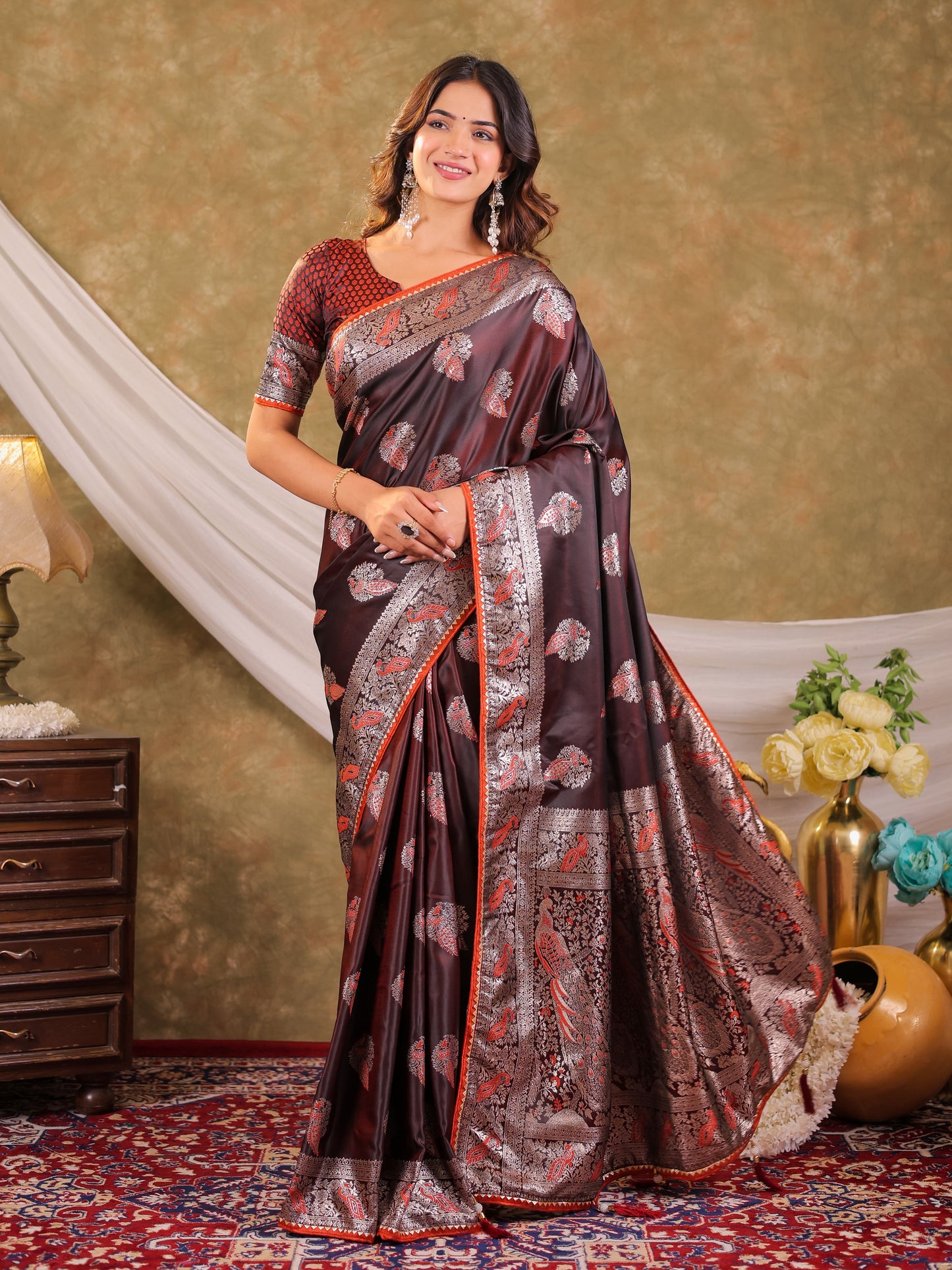 Chocolate Brown Kanjivaram Banarasi Satin Silk Saree with Rich Silver Zari Weaving, Peacock Pallu & Tassel Detailing