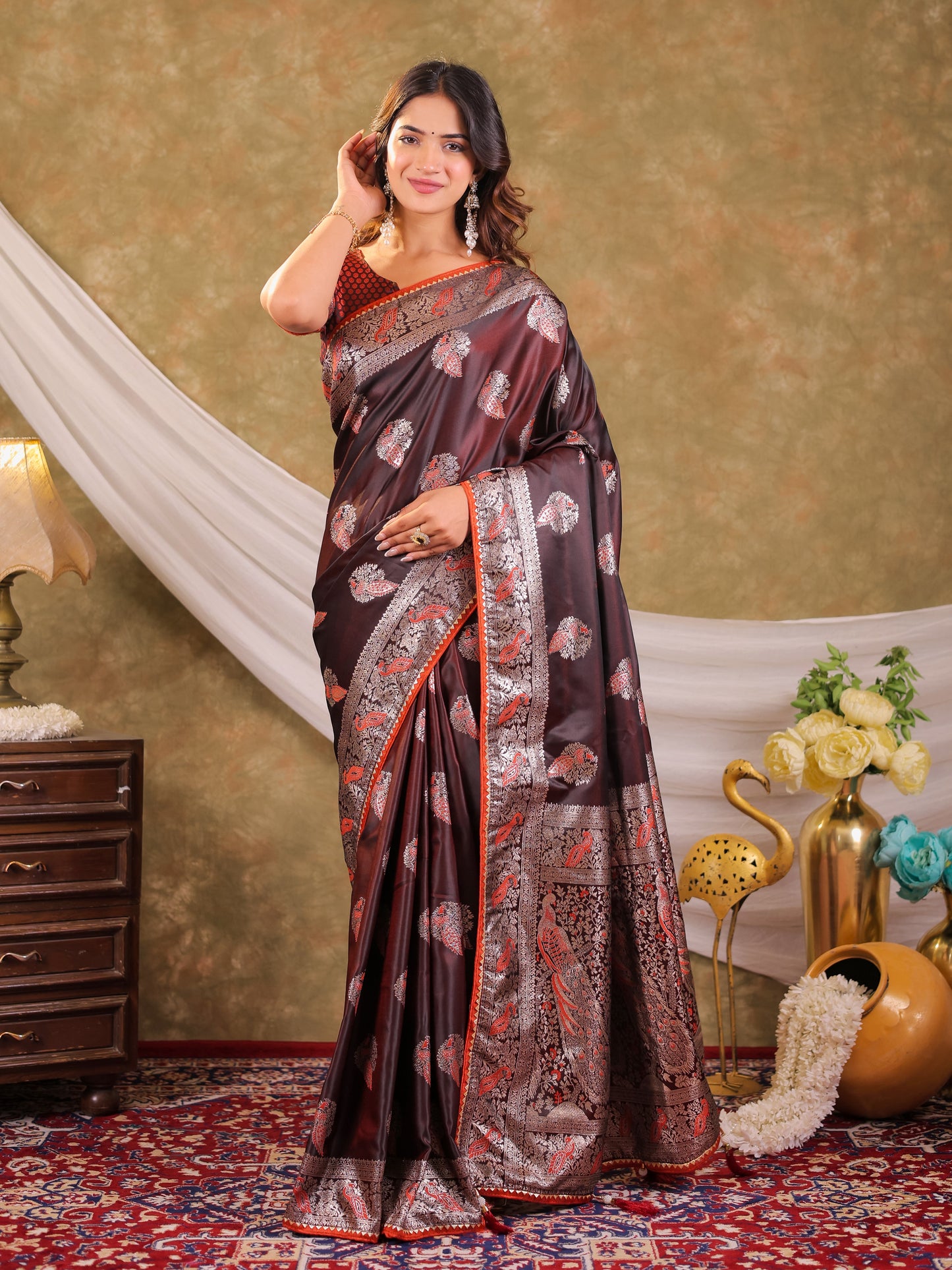 Chocolate Brown Kanjivaram Banarasi Satin Silk Saree with Rich Silver Zari Weaving, Peacock Pallu & Tassel Detailing