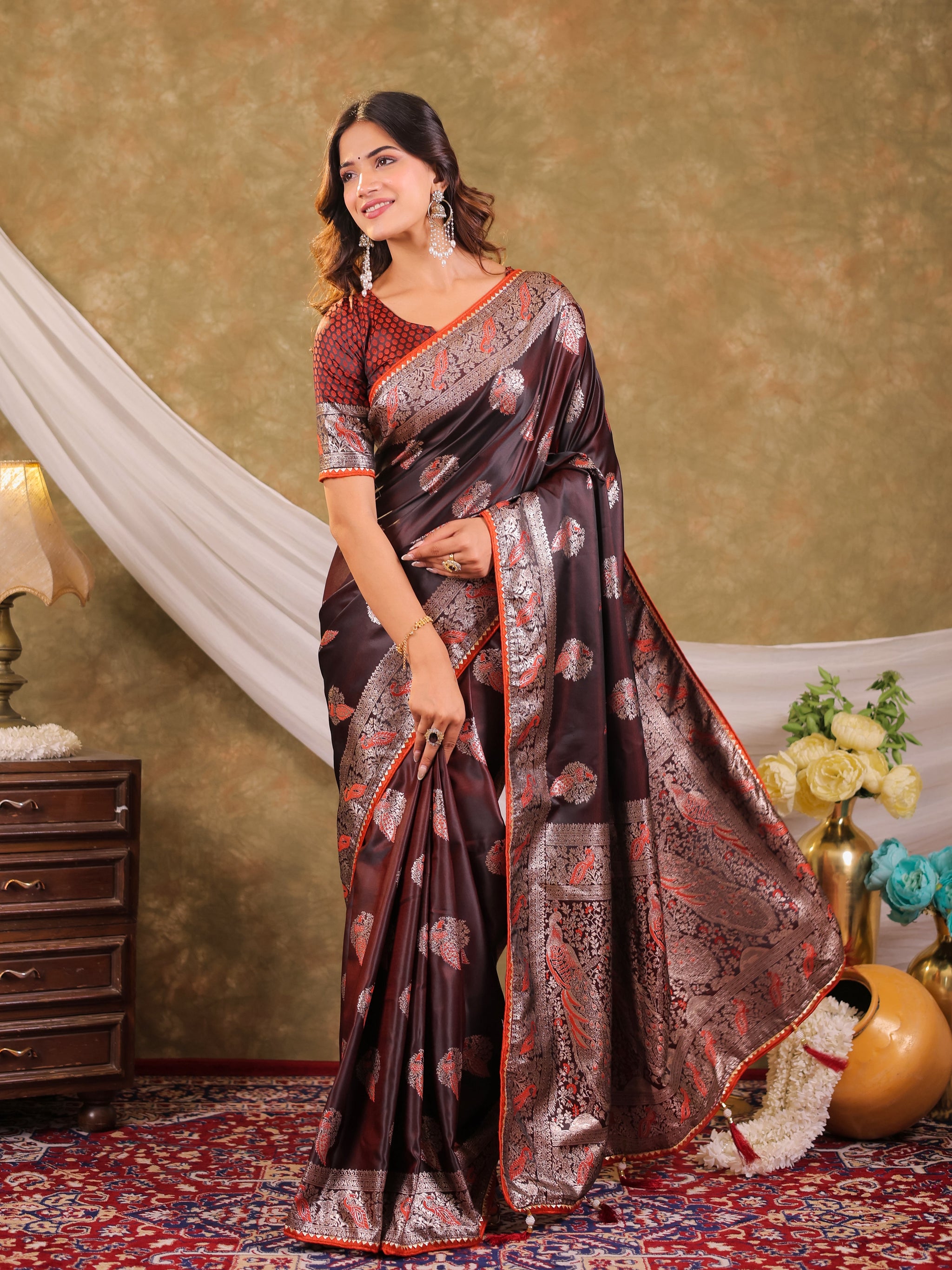 Chocolate Brown Kanjivaram Banarasi Satin Silk Saree with Rich Silver Zari Weaving, Peacock Pallu & Tassel Detailing