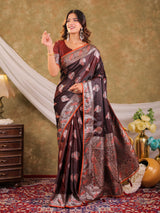 Chocolate Brown Kanjivaram Banarasi Satin Silk Saree with Rich Silver Zari Weaving, Peacock Pallu & Tassel Detailing