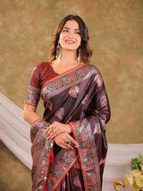 Chocolate Brown Kanjivaram Banarasi Satin Silk Saree with Rich Silver Zari Weaving, Peacock Pallu & Tassel Detailing