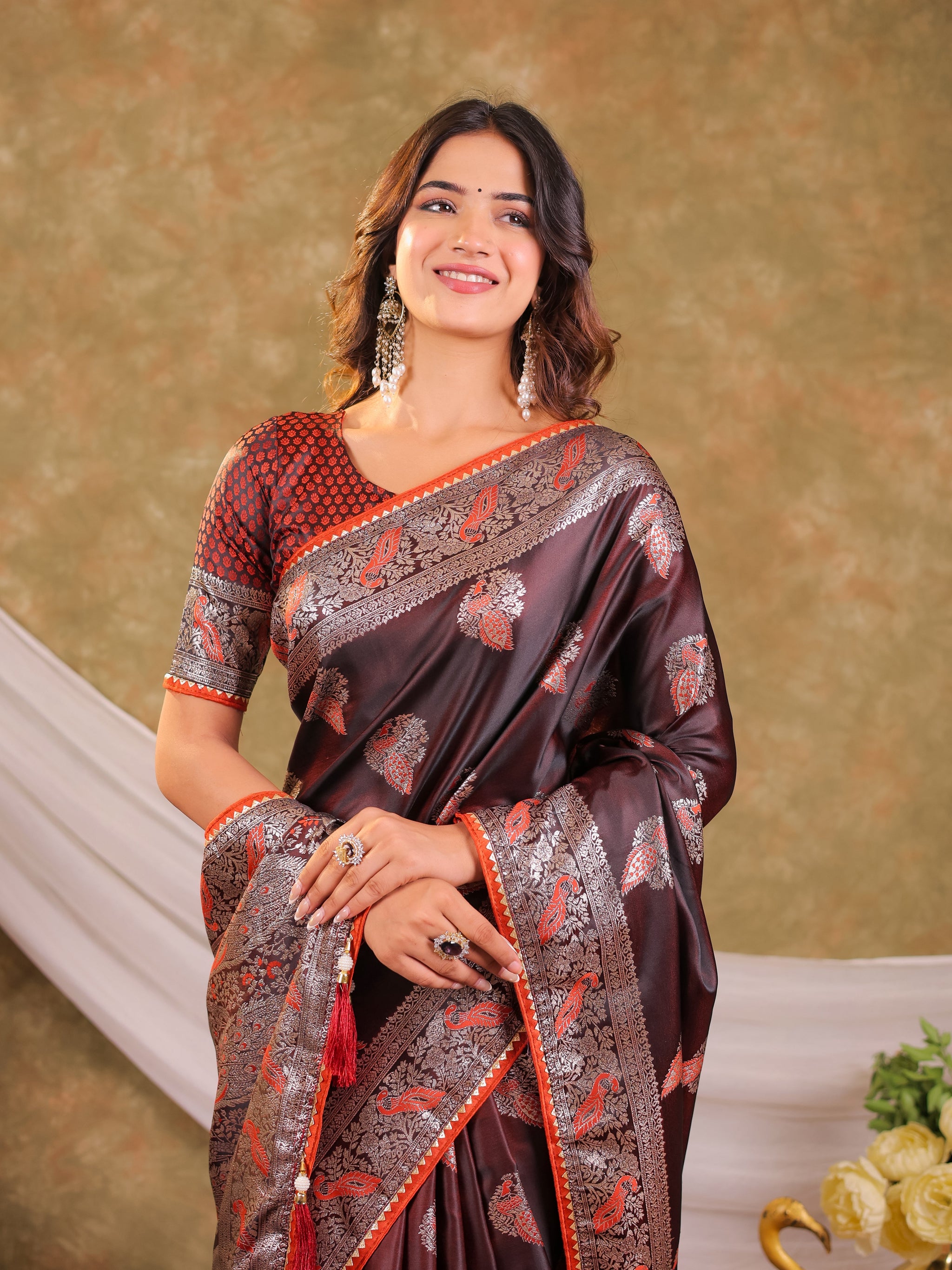 Chocolate Brown Kanjivaram Banarasi Satin Silk Saree with Rich Silver Zari Weaving, Peacock Pallu & Tassel Detailing