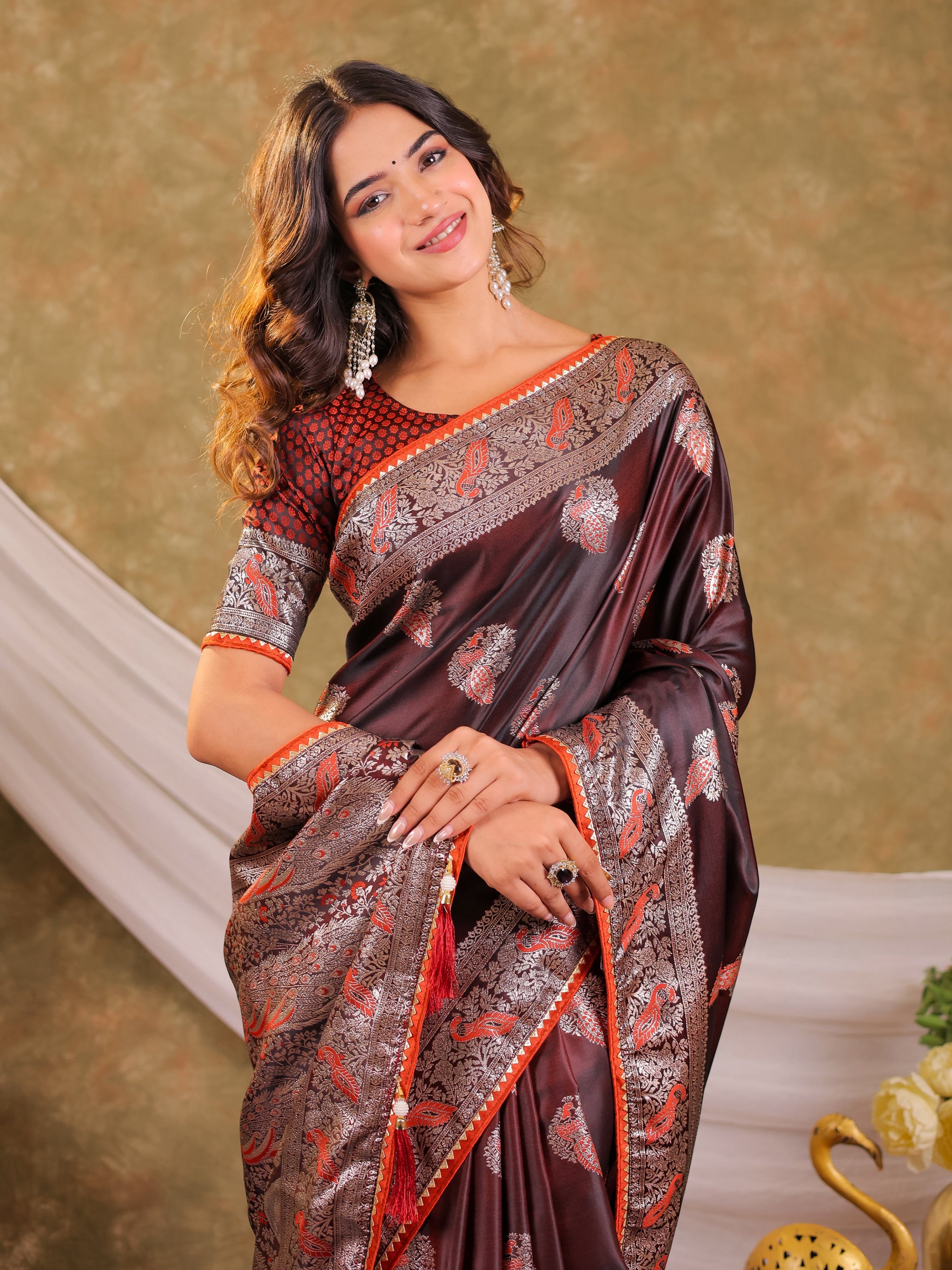 Chocolate Brown Kanjivaram Banarasi Satin Silk Saree with Rich Silver Zari Weaving, Peacock Pallu & Tassel Detailing