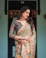 Sage Green with Bold Floral Motifs Linen Cotton Handloom Printed Saree, Vibrant Peacock Pallu, and Tassels