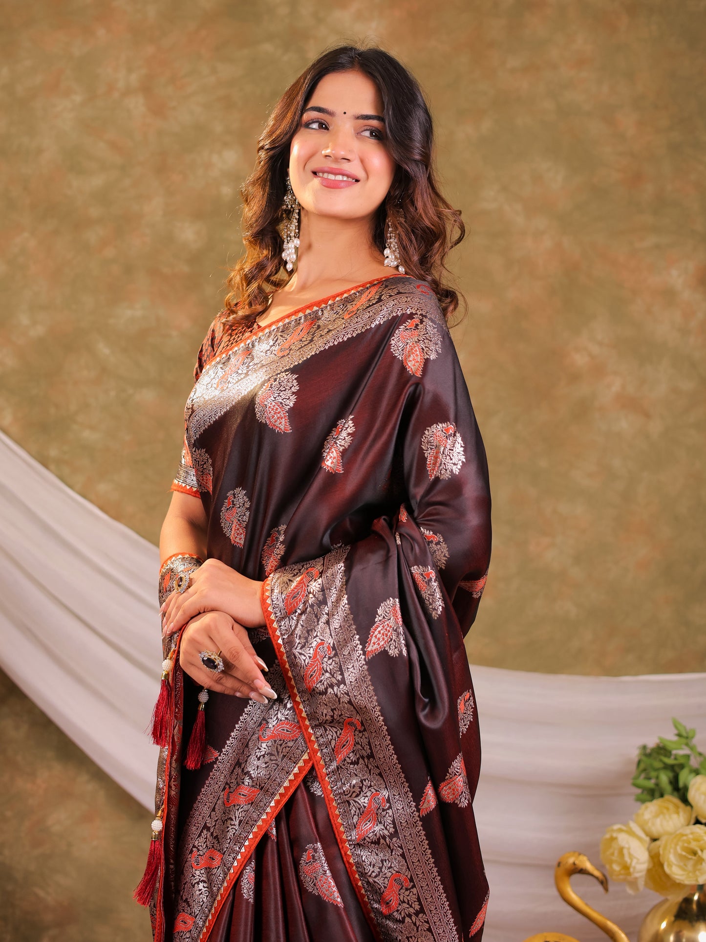 Chocolate Brown Kanjivaram Banarasi Satin Silk Saree with Rich Silver Zari Weaving, Peacock Pallu & Tassel Detailing