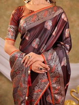 Chocolate Brown Kanjivaram Banarasi Satin Silk Saree with Rich Silver Zari Weaving, Peacock Pallu & Tassel Detailing