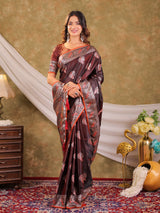 Chocolate Brown Kanjivaram Banarasi Satin Silk Saree with Rich Silver Zari Weaving, Peacock Pallu & Tassel Detailing