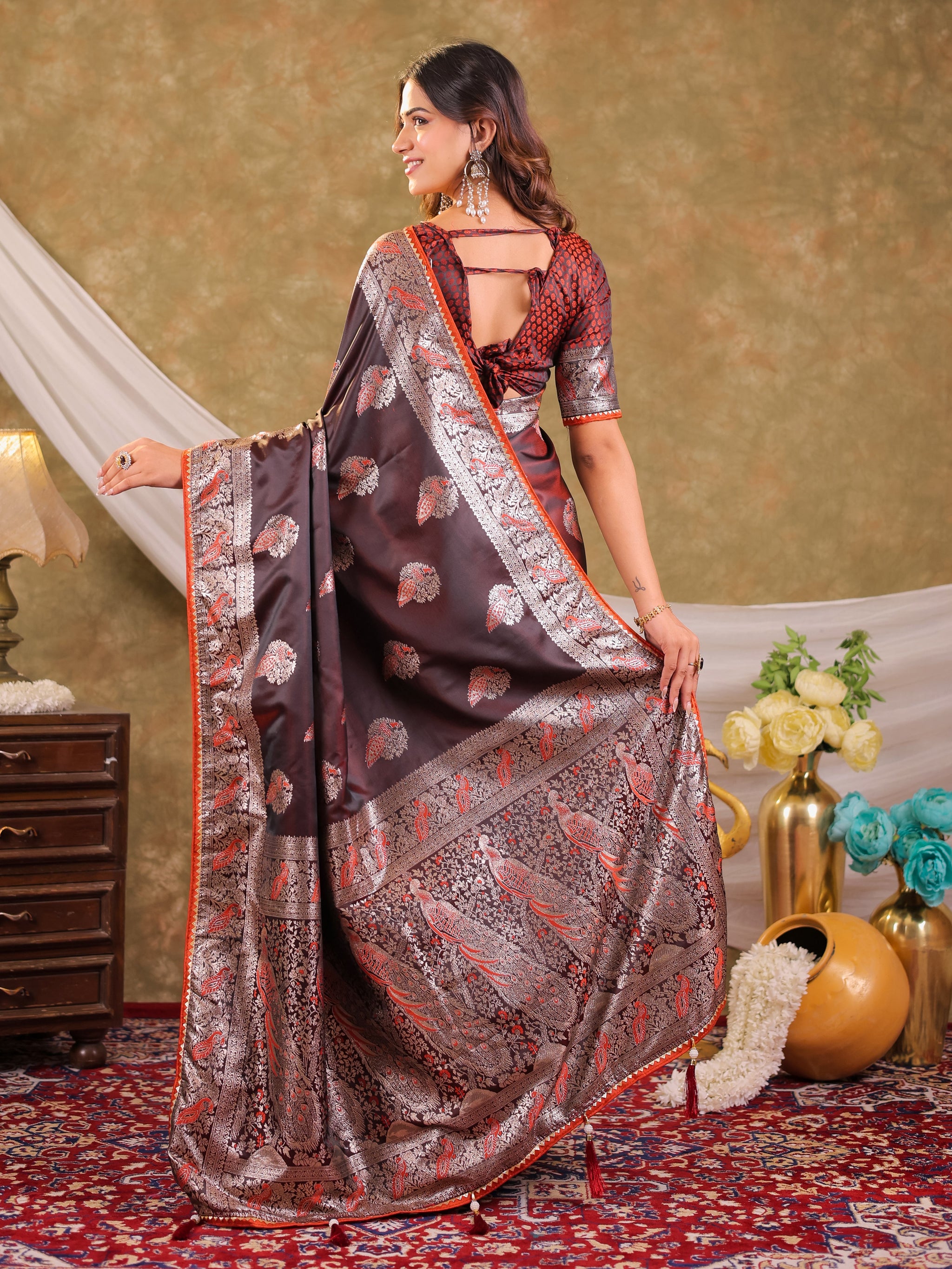 Chocolate Brown Kanjivaram Banarasi Satin Silk Saree with Rich Silver Zari Weaving, Peacock Pallu & Tassel Detailing