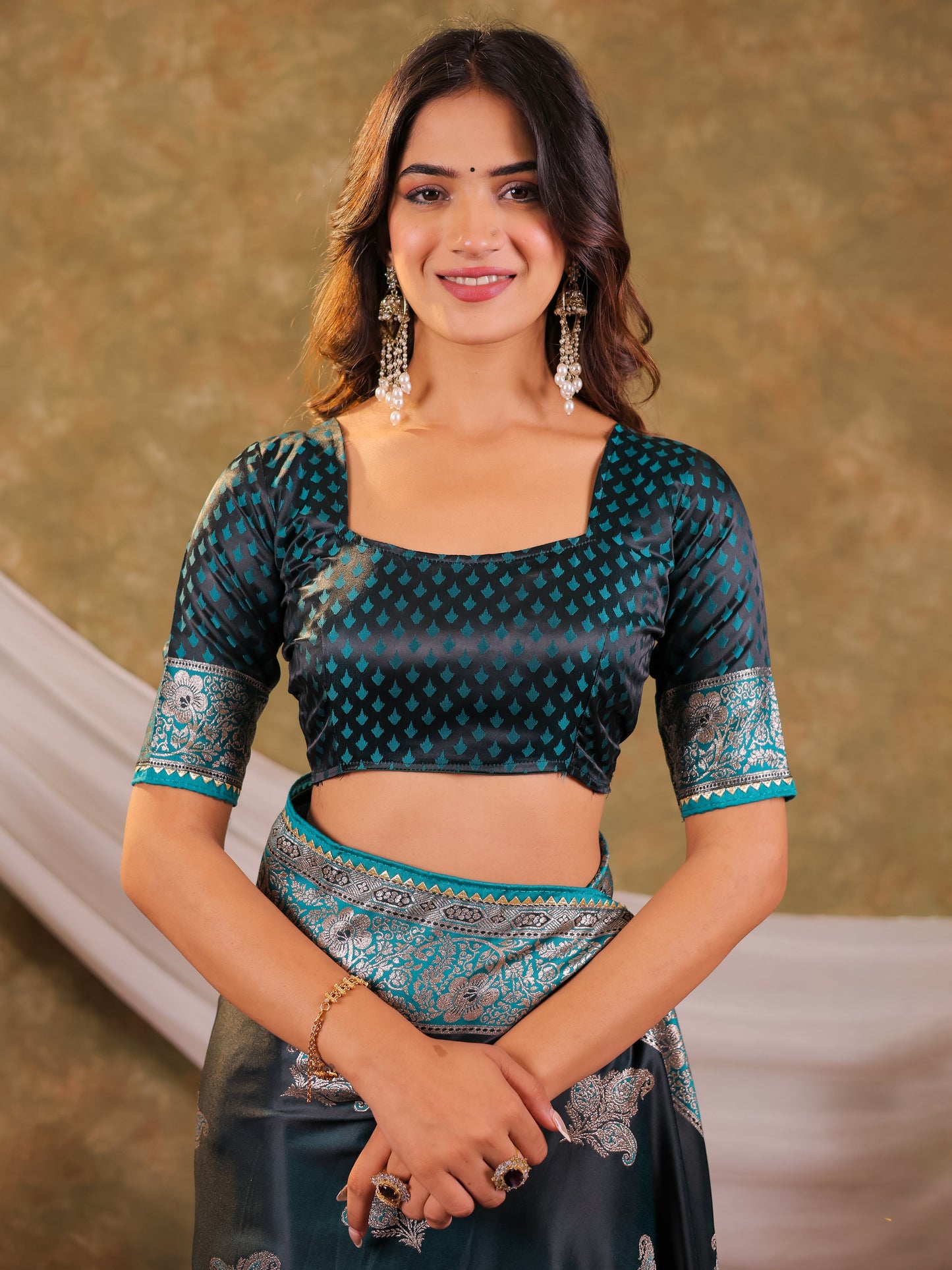 Dark Teal Green Kanjivaram Banarasi Satin Silk Saree with Intricate Silver Zari Weaving, Heritage Pallu & Tassel Detailing