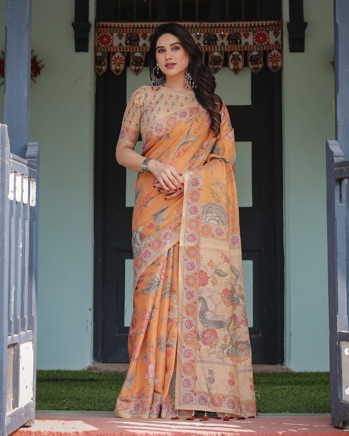 Sunny Mustard with Floral Motifs Linen Cotton Handloom Printed Saree, Delicate Borders, and Tassels