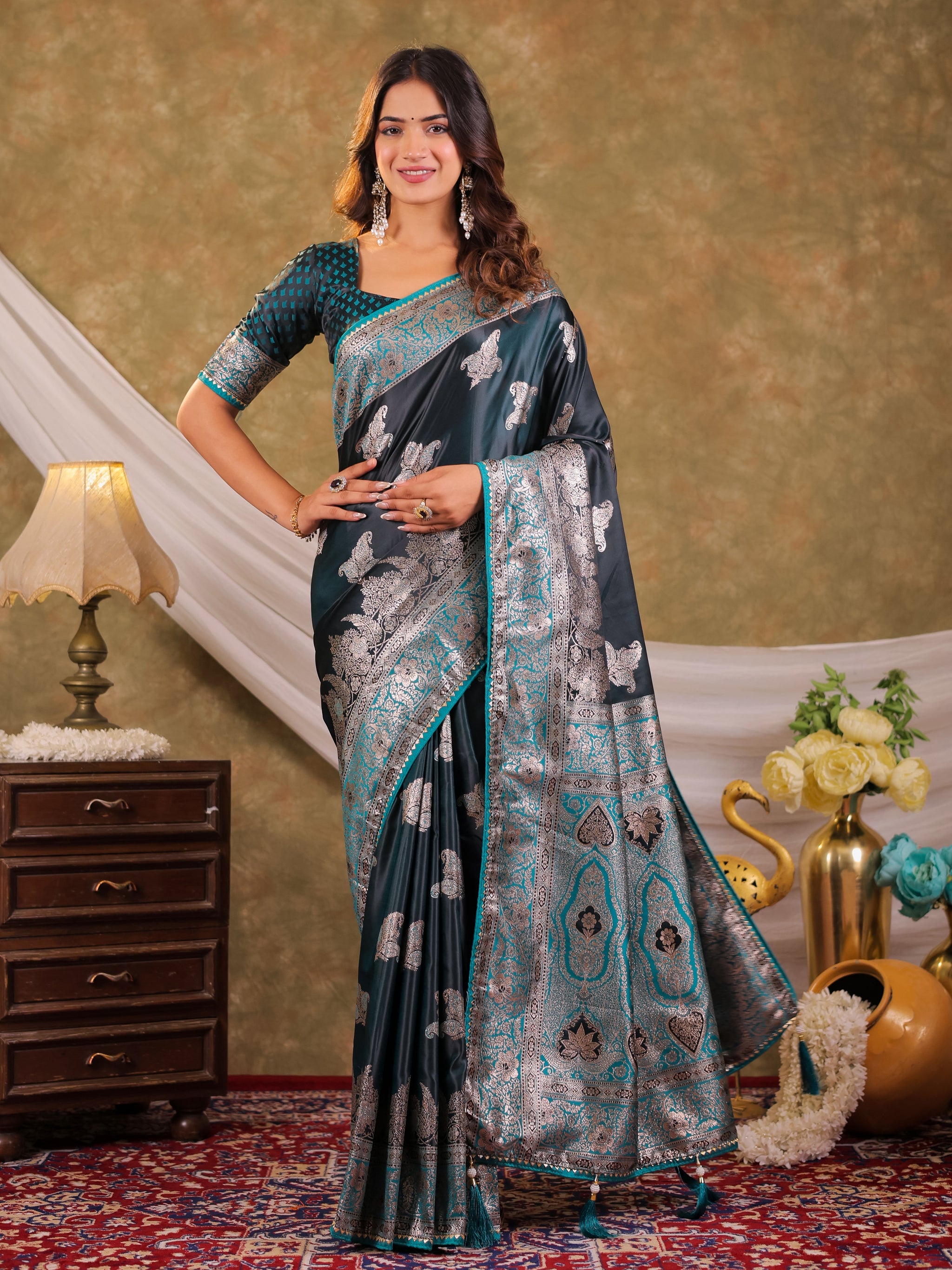 Dark Teal Green Kanjivaram Banarasi Satin Silk Saree with Intricate Silver Zari Weaving, Heritage Pallu & Tassel Detailing