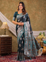Dark Teal Green Kanjivaram Banarasi Satin Silk Saree with Intricate Silver Zari Weaving, Heritage Pallu & Tassel Detailing