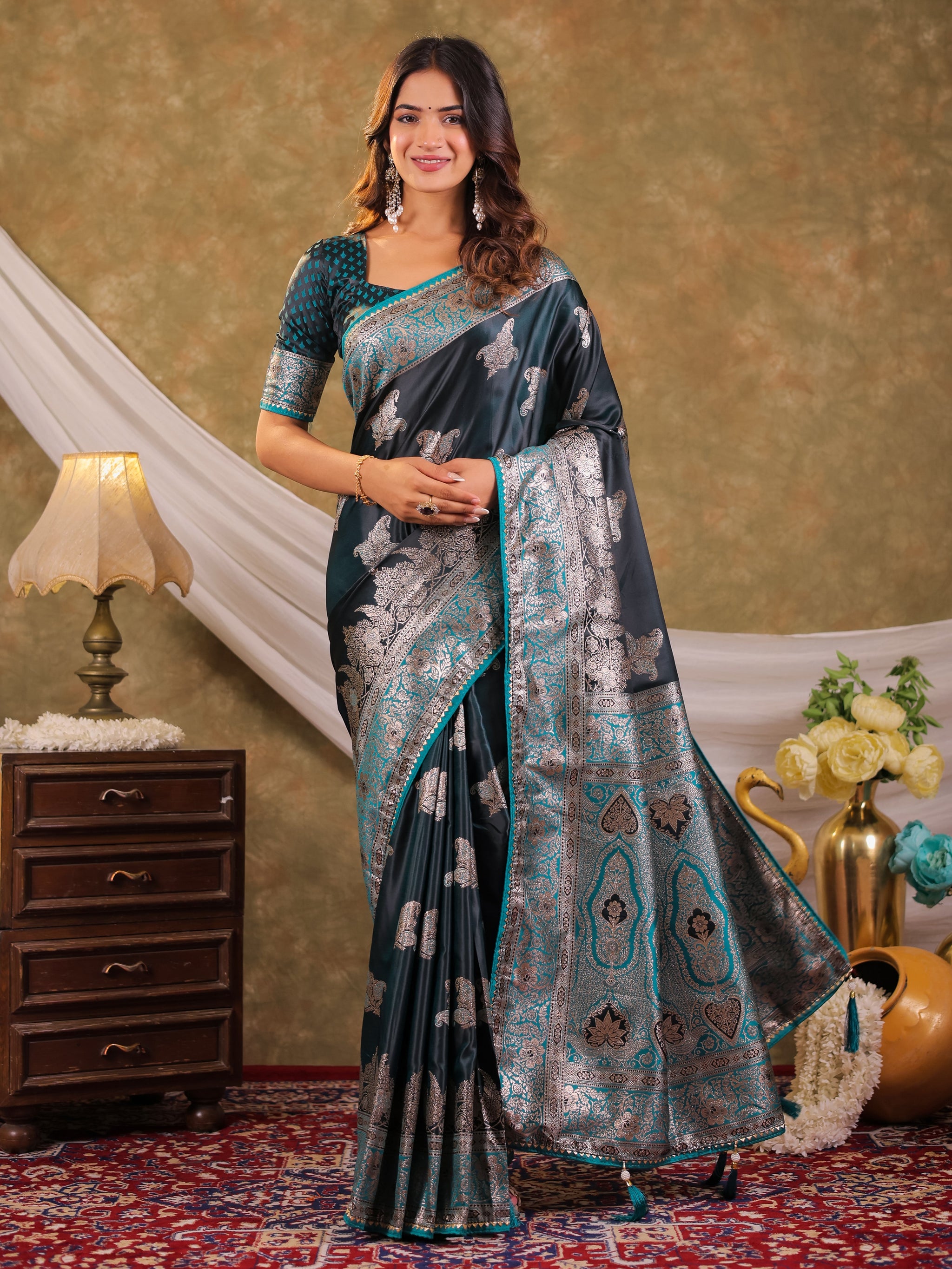 Dark Teal Green Kanjivaram Banarasi Satin Silk Saree with Intricate Silver Zari Weaving, Heritage Pallu & Tassel Detailing