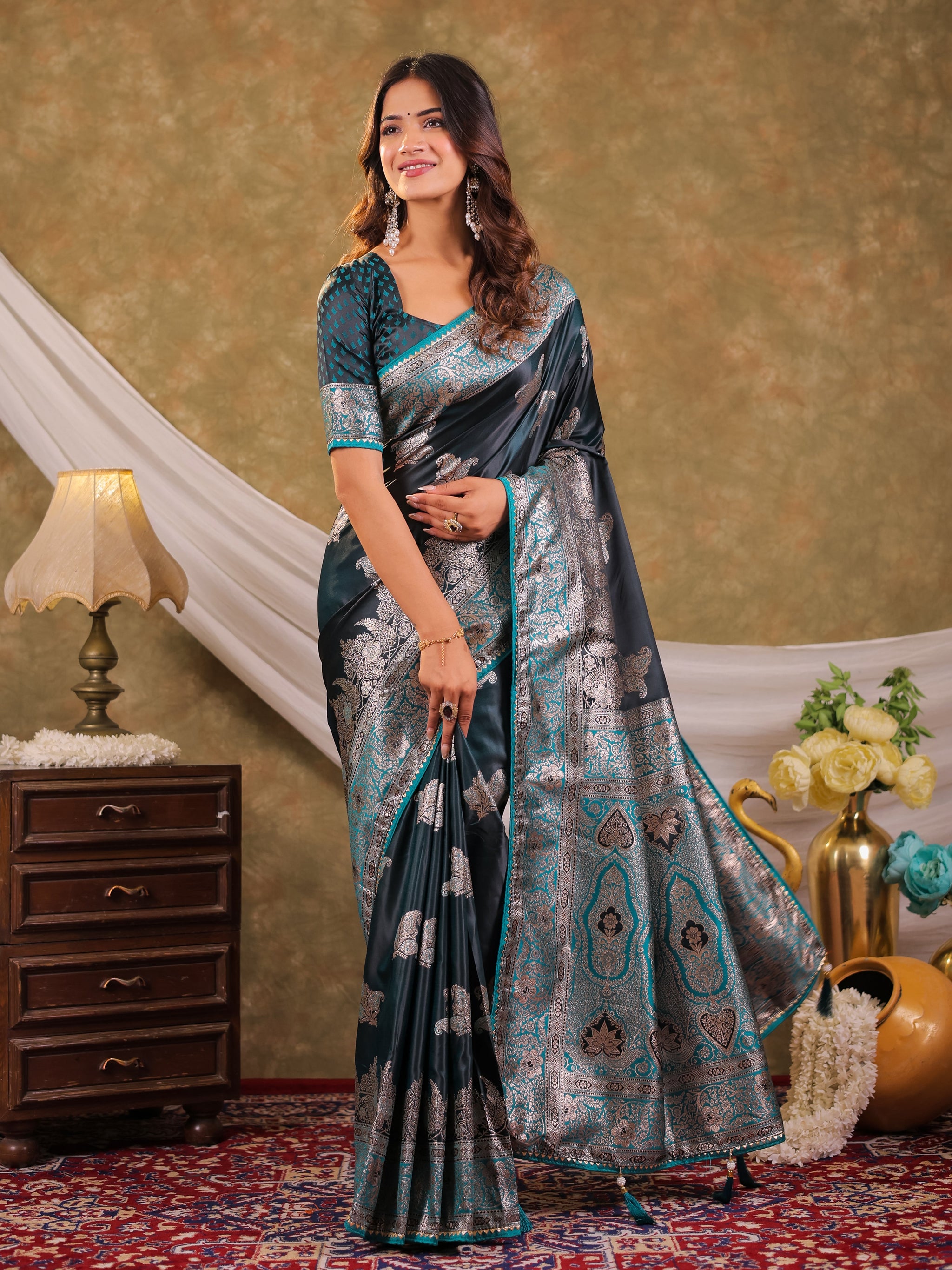 Dark Teal Green Kanjivaram Banarasi Satin Silk Saree with Intricate Silver Zari Weaving, Heritage Pallu & Tassel Detailing