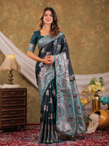 Dark Teal Green Kanjivaram Banarasi Satin Silk Saree with Intricate Silver Zari Weaving, Heritage Pallu & Tassel Detailing