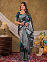Dark Teal Green Kanjivaram Banarasi Satin Silk Saree with Intricate Silver Zari Weaving, Heritage Pallu & Tassel Detailing