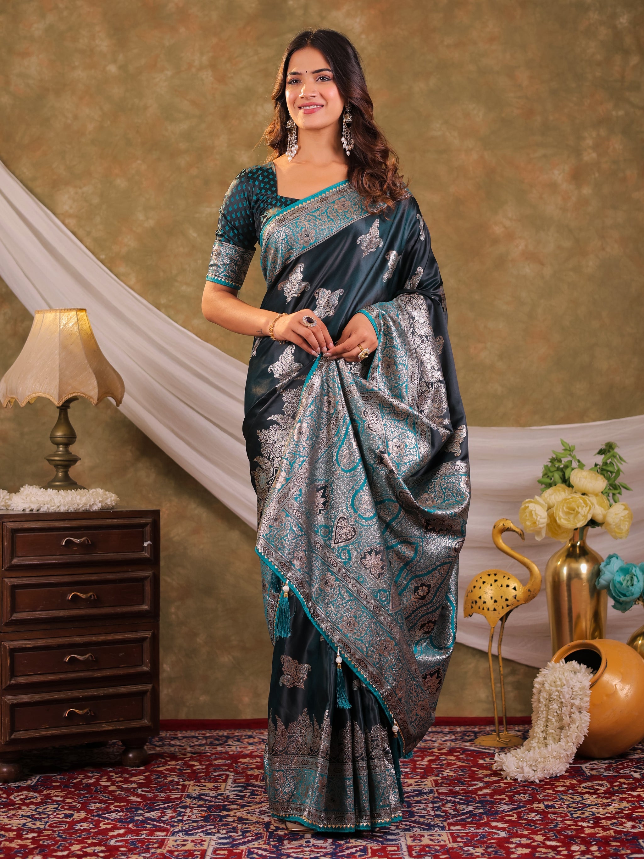 Dark Teal Green Kanjivaram Banarasi Satin Silk Saree with Intricate Silver Zari Weaving, Heritage Pallu & Tassel Detailing