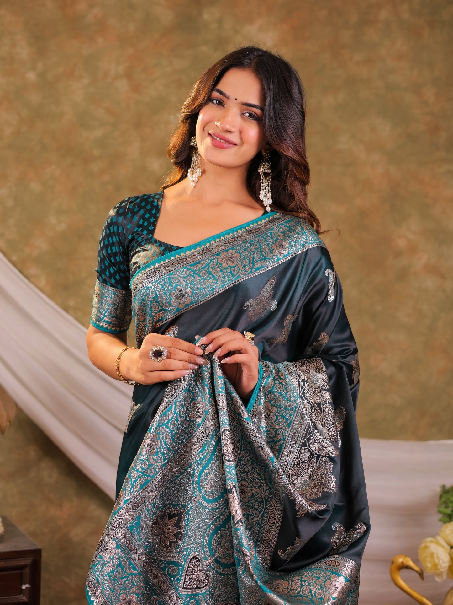 Dark Teal Green Kanjivaram Banarasi Satin Silk Saree with Intricate Silver Zari Weaving, Heritage Pallu & Tassel Detailing