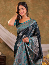 Dark Teal Green Kanjivaram Banarasi Satin Silk Saree with Intricate Silver Zari Weaving, Heritage Pallu & Tassel Detailing