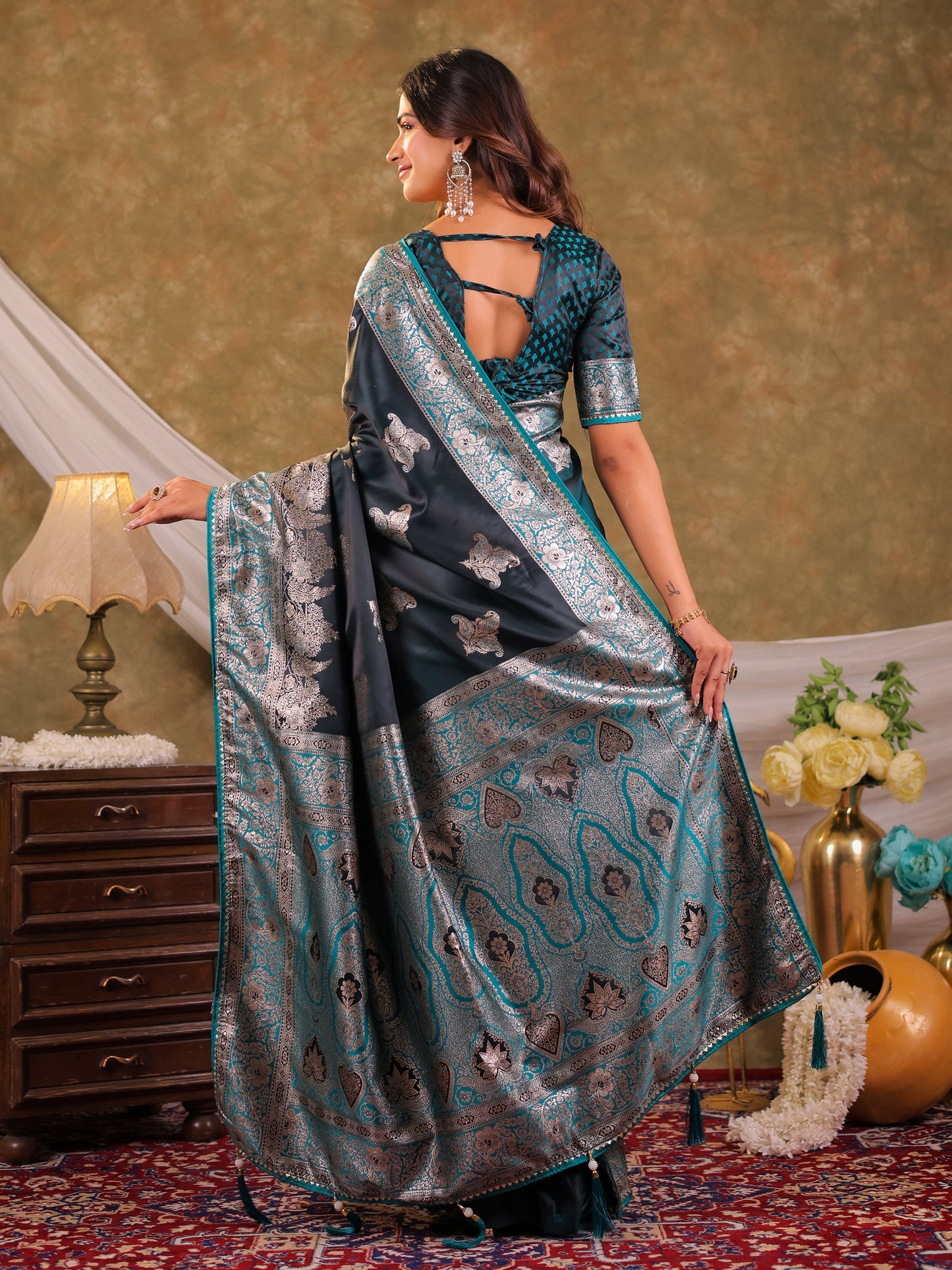 Dark Teal Green Kanjivaram Banarasi Satin Silk Saree with Intricate Silver Zari Weaving, Heritage Pallu & Tassel Detailing
