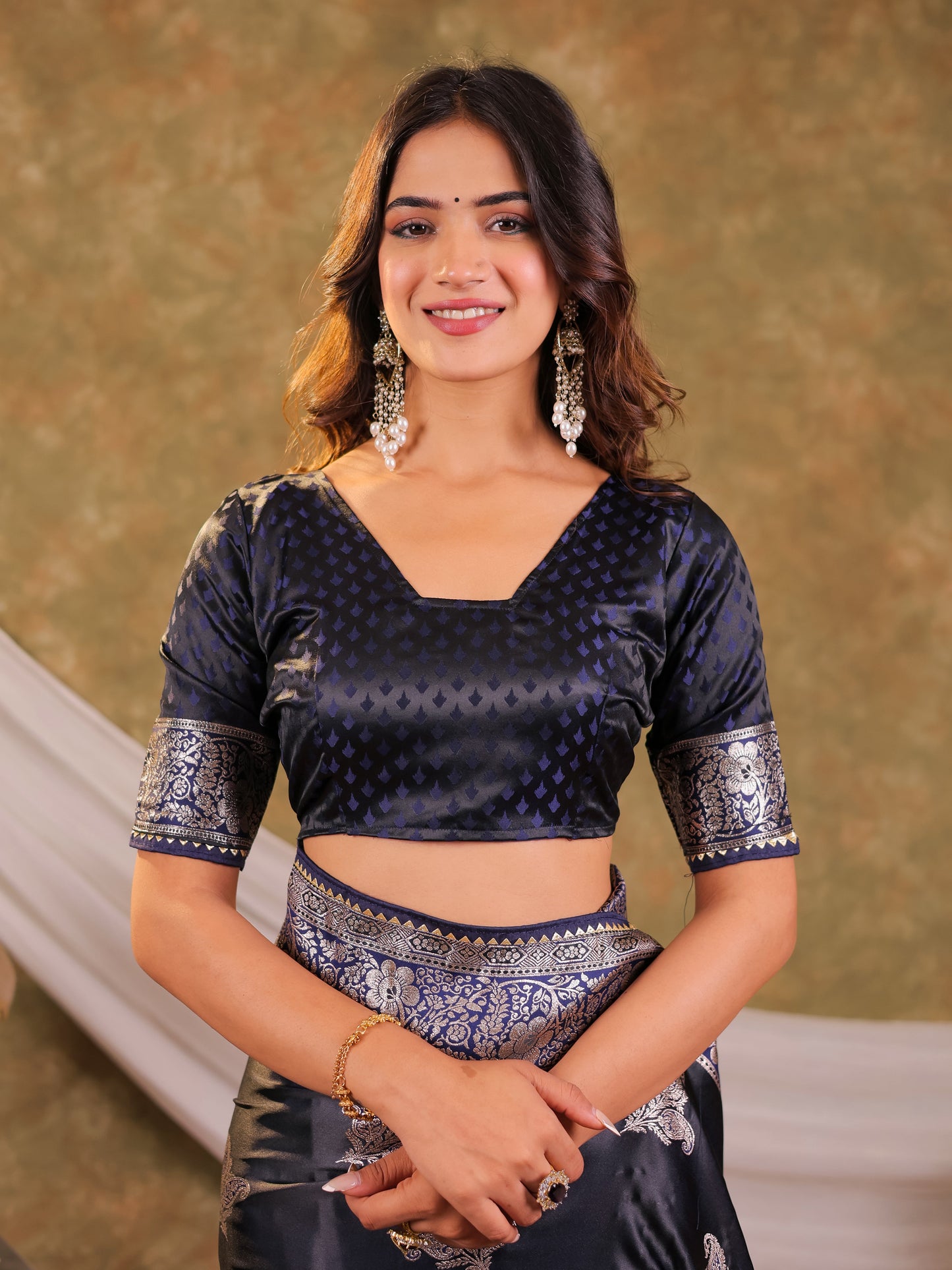 Dark Navy Blue Kanjivaram Banarasi Satin Silk Saree with Intricate Silver Zari Weaving, Heritage Pallu & Tassel Detailing