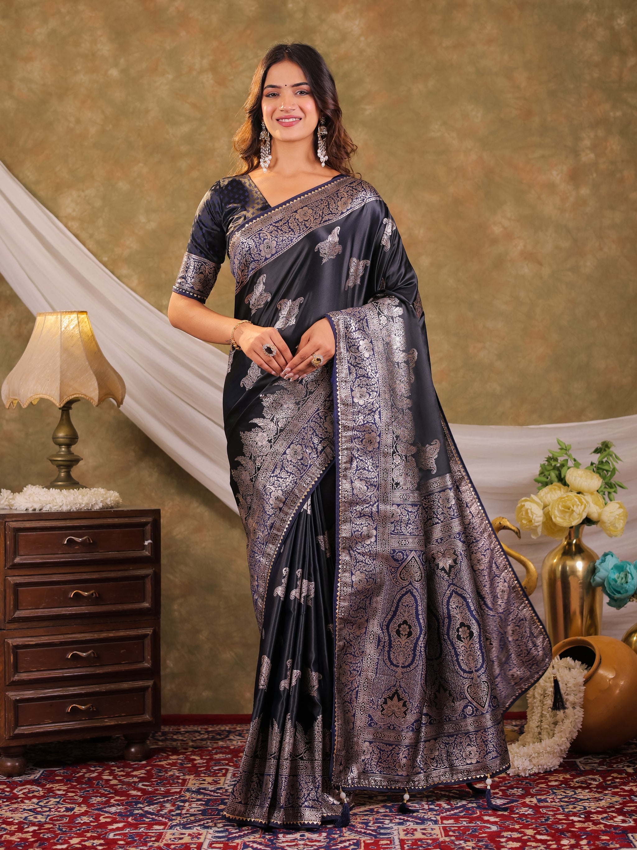 Dark Navy Blue Kanjivaram Banarasi Satin Silk Saree with Intricate Silver Zari Weaving, Heritage Pallu & Tassel Detailing