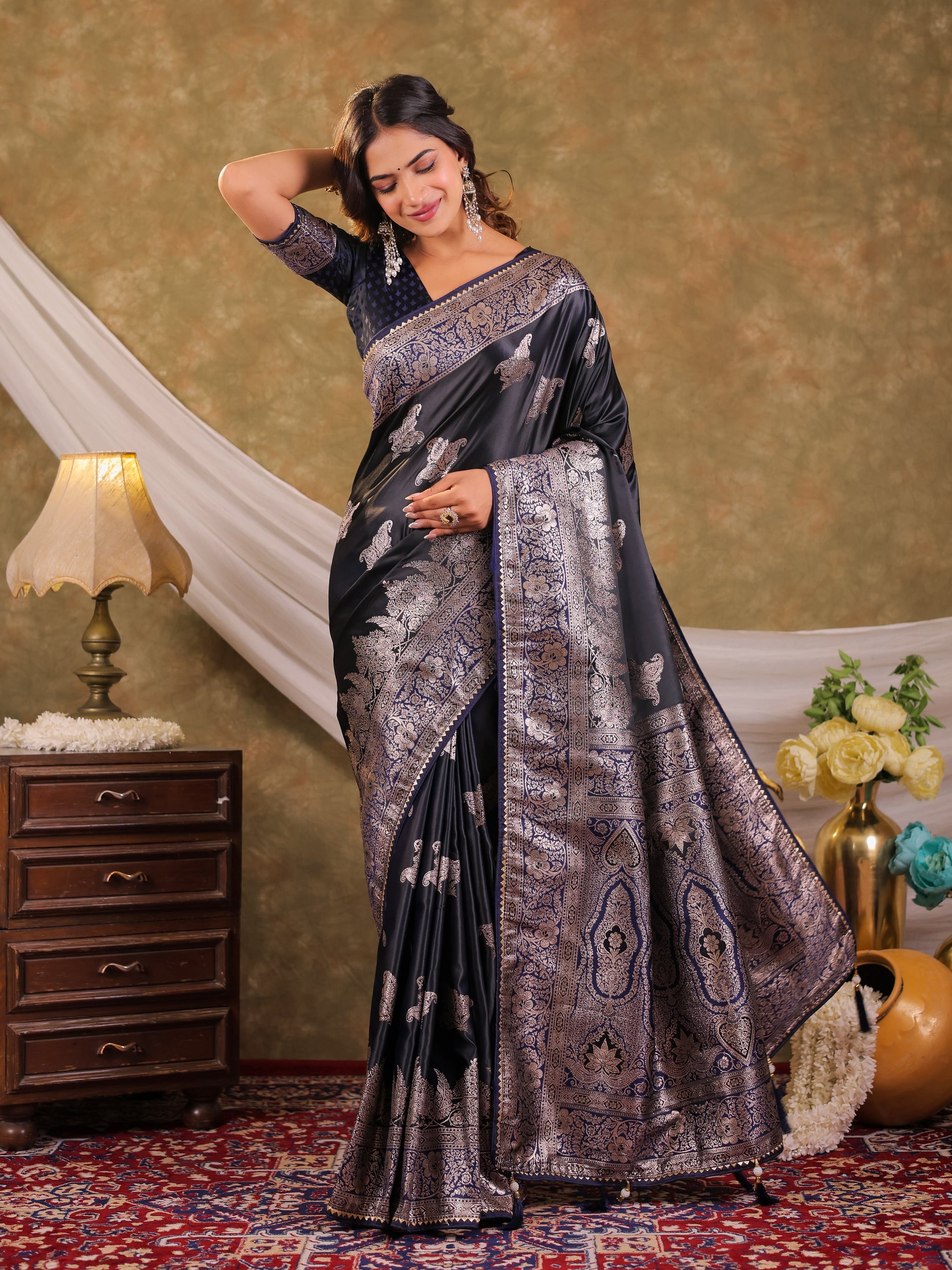 Dark Navy Blue Kanjivaram Banarasi Satin Silk Saree with Intricate Silver Zari Weaving, Heritage Pallu & Tassel Detailing