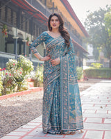 Elegant Aqua Blue Handloom Cotton-Linen Saree with Golden Zari Weave and Tassel Finish
