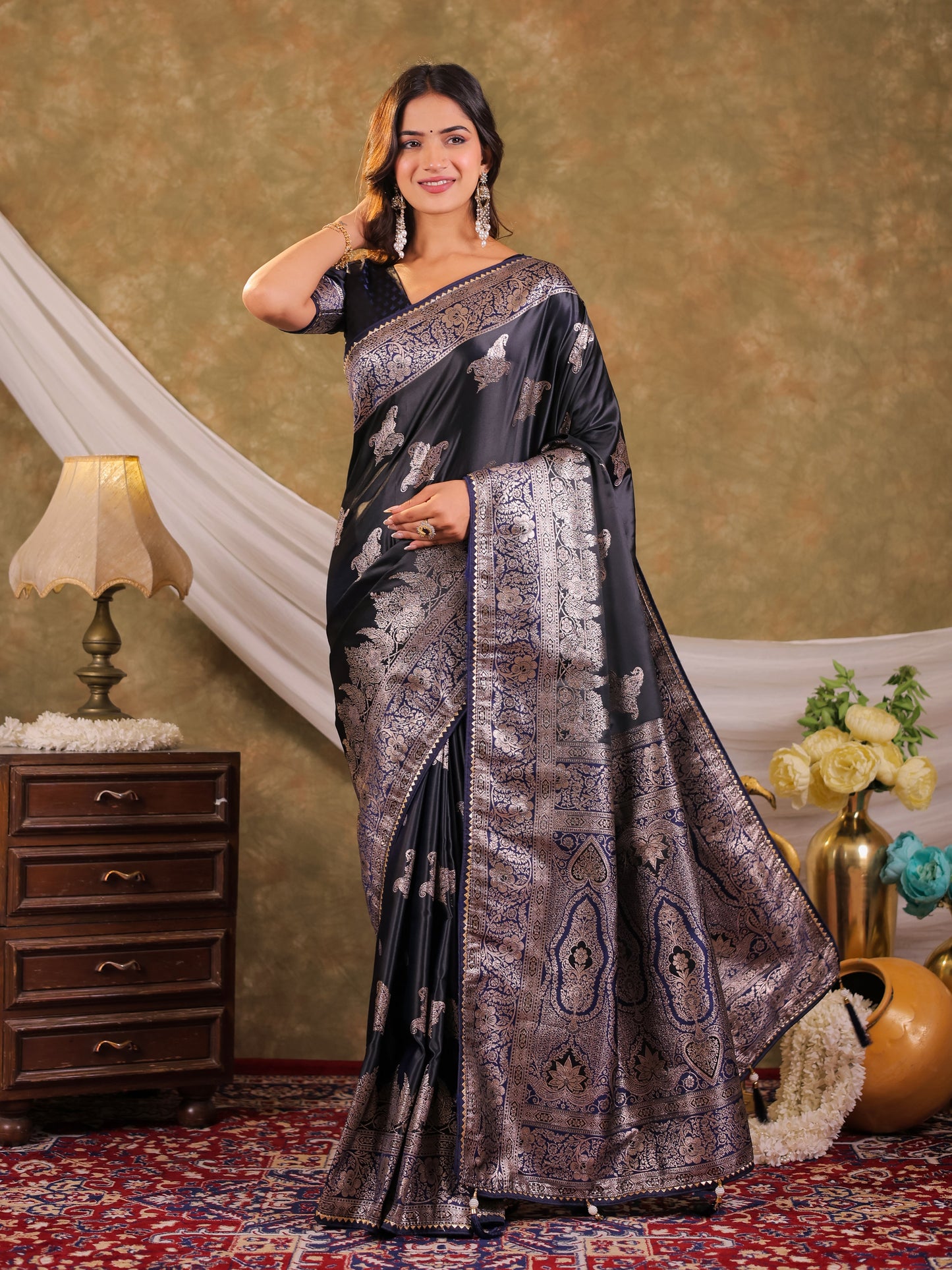 Dark Navy Blue Kanjivaram Banarasi Satin Silk Saree with Intricate Silver Zari Weaving, Heritage Pallu & Tassel Detailing