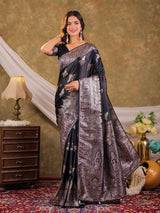 Dark Navy Blue Kanjivaram Banarasi Satin Silk Saree with Intricate Silver Zari Weaving, Heritage Pallu & Tassel Detailing