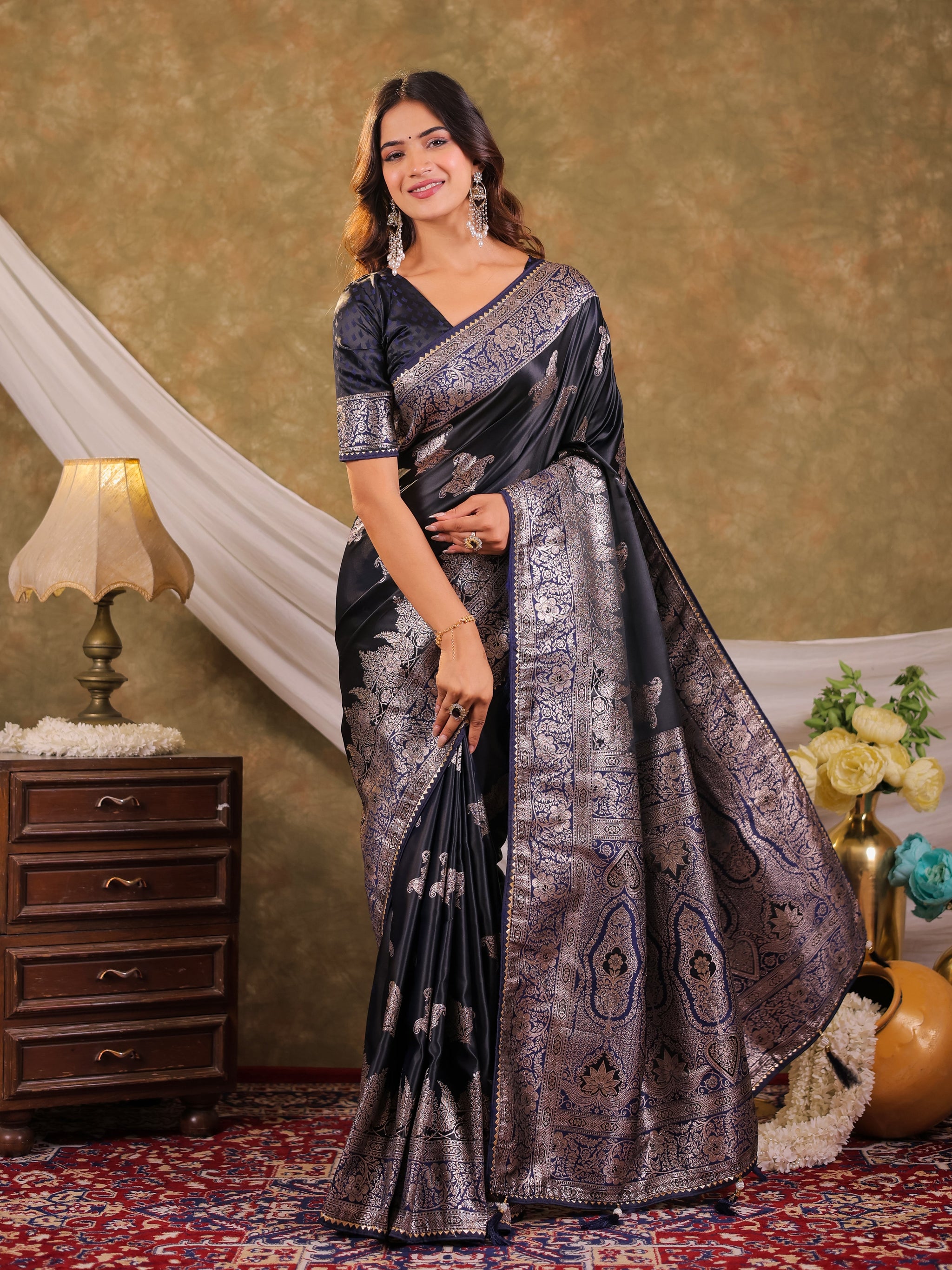 Dark Navy Blue Kanjivaram Banarasi Satin Silk Saree with Intricate Silver Zari Weaving, Heritage Pallu & Tassel Detailing