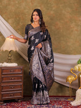 Dark Navy Blue Kanjivaram Banarasi Satin Silk Saree with Intricate Silver Zari Weaving, Heritage Pallu & Tassel Detailing