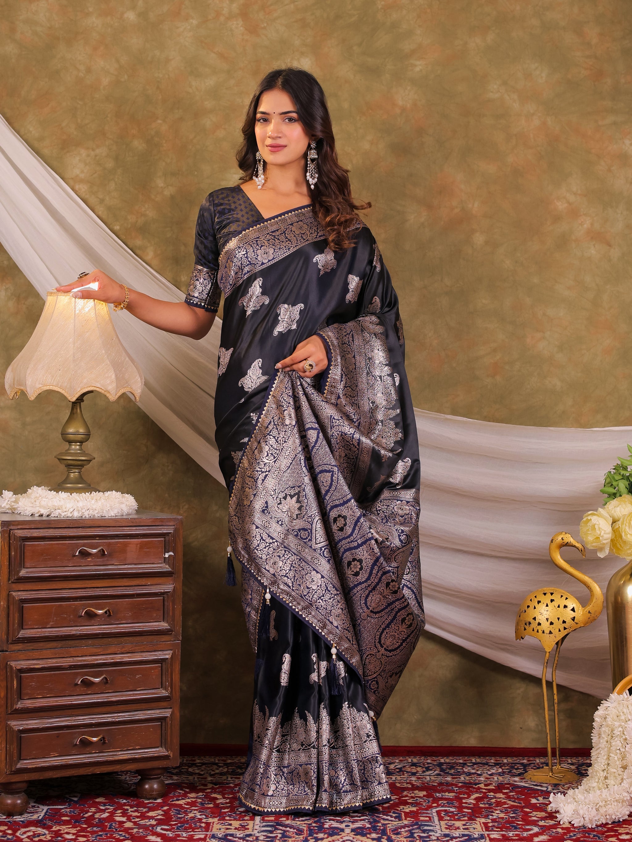 Dark Navy Blue Kanjivaram Banarasi Satin Silk Saree with Intricate Silver Zari Weaving, Heritage Pallu & Tassel Detailing