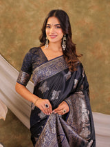 Dark Navy Blue Kanjivaram Banarasi Satin Silk Saree with Intricate Silver Zari Weaving, Heritage Pallu & Tassel Detailing