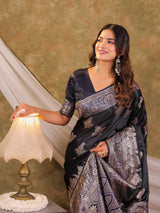 Dark Navy Blue Kanjivaram Banarasi Satin Silk Saree with Intricate Silver Zari Weaving, Heritage Pallu & Tassel Detailing