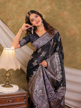 Dark Navy Blue Kanjivaram Banarasi Satin Silk Saree with Intricate Silver Zari Weaving, Heritage Pallu & Tassel Detailing