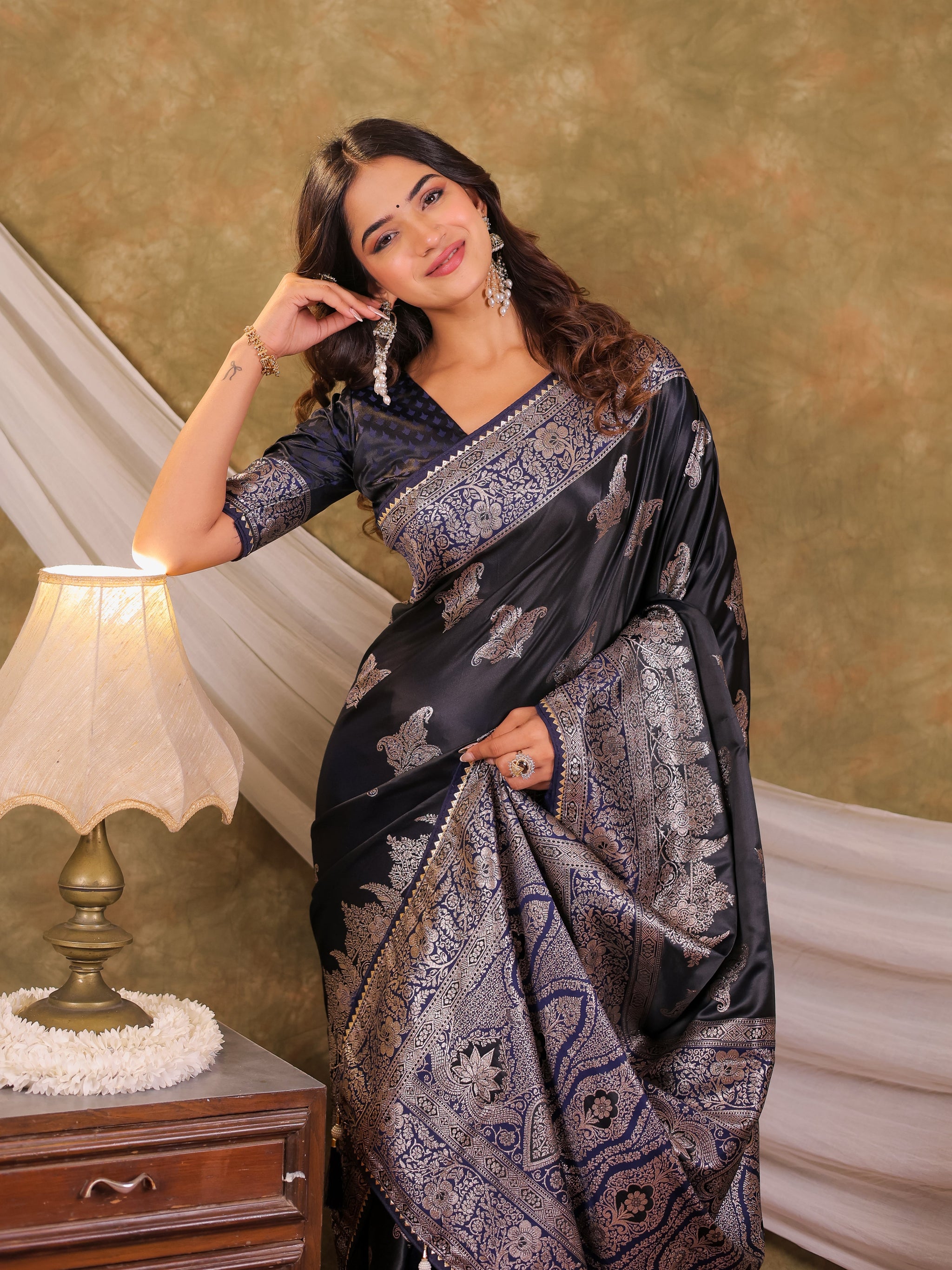 Dark Navy Blue Kanjivaram Banarasi Satin Silk Saree with Intricate Silver Zari Weaving, Heritage Pallu & Tassel Detailing