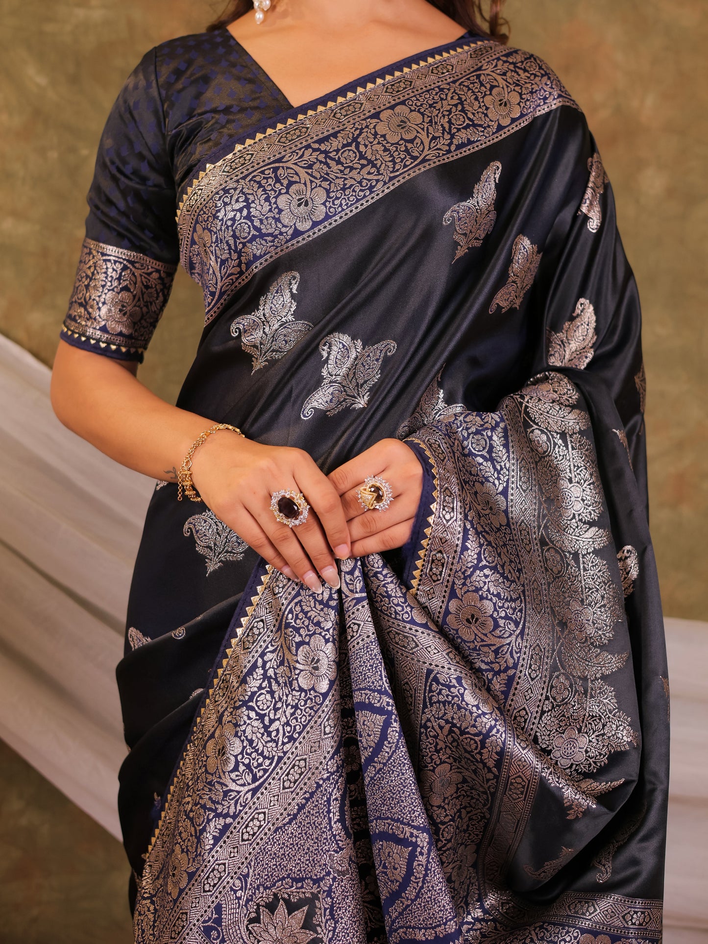 Dark Navy Blue Kanjivaram Banarasi Satin Silk Saree with Intricate Silver Zari Weaving, Heritage Pallu & Tassel Detailing