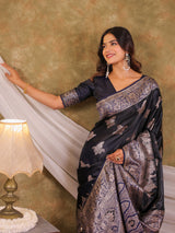 Dark Navy Blue Kanjivaram Banarasi Satin Silk Saree with Intricate Silver Zari Weaving, Heritage Pallu & Tassel Detailing
