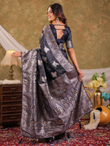 Dark Navy Blue Kanjivaram Banarasi Satin Silk Saree with Intricate Silver Zari Weaving, Heritage Pallu & Tassel Detailing