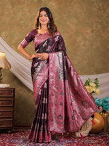 Wine Purple Kanjivaram Banarasi Satin Silk Saree with Rich Silver Zari Weaving, Heritage Pallu & Tassel Detailing